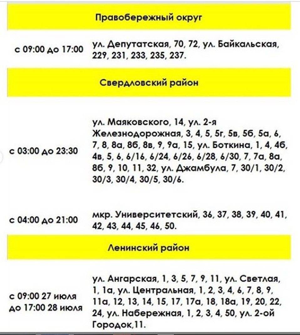 Отключение горячей воды в Иркутске 27 июля: адреса, даты | 26.07.2020 |  Новости Иркутска - БезФормата